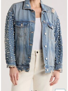 Blank NYC Light Blue Distressed Pearl-Embellished Denim Jacket